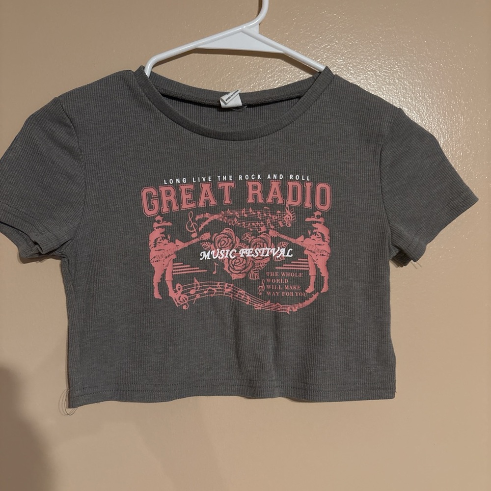 SHEIN Gray and Pink Graphic Kids Crop Top